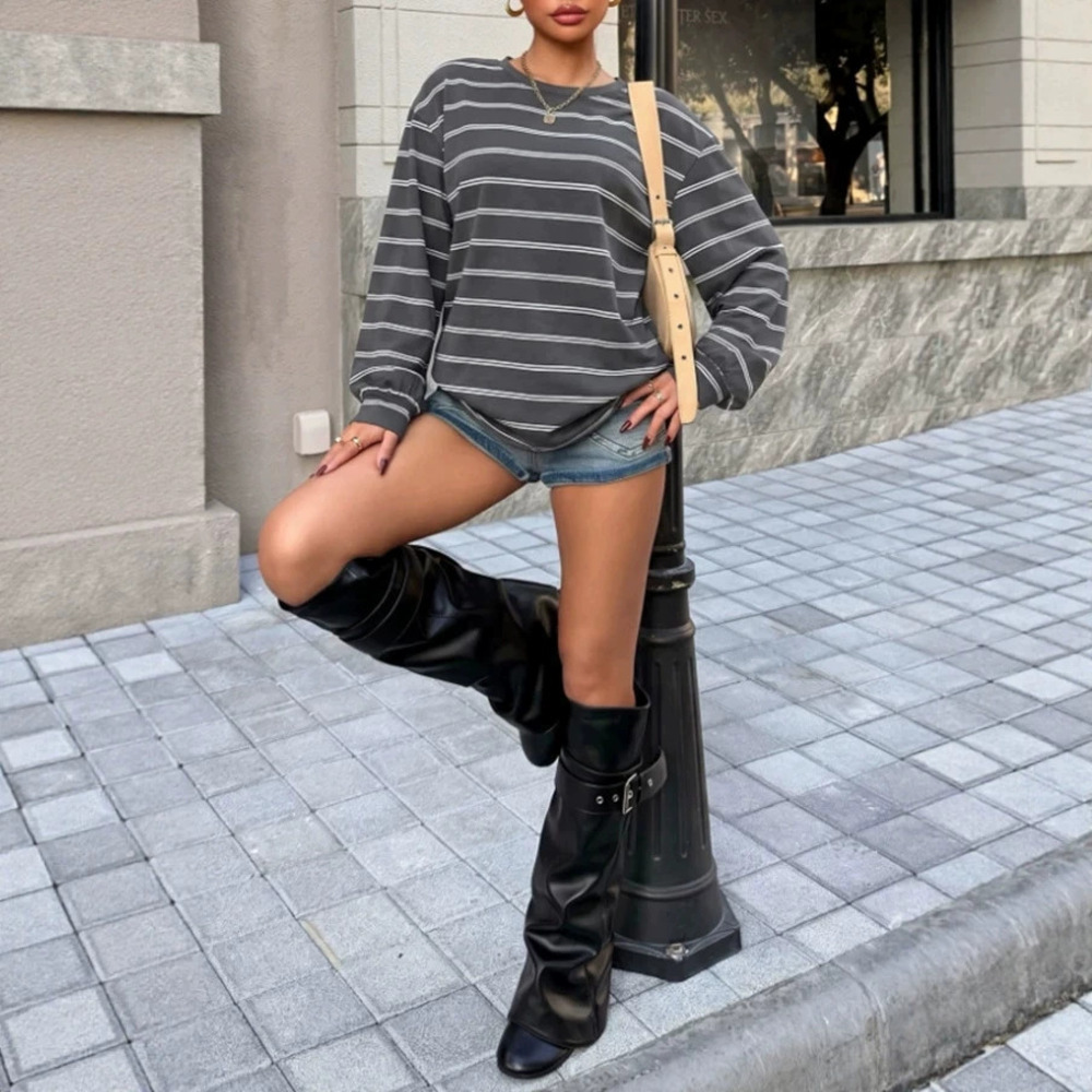 Zara Crew Neck Long Sleeve Striped Top Casual Daily